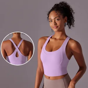 Soutien-gorge de Sport Sans Couture pour Femme Rembourré Dos Croisé Débardeur de Yoga Haute Intensité Fitness Course Top