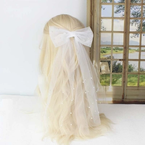 White Mesh Bow Hair Clip With Artificial Pearls Lace Long Tulle Streamer Wedding Bridal Headpiece For Women Girls Elegant Accessory