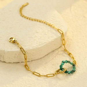 Vintage gold-plated stainless steel chain bracelet with turquoise stone ring pendant