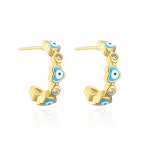 Close-up of 18K gold plated heart evil eye hoop earrings with blue stones and crystals
