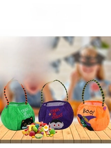 Three plush Halloween trick or treat bags with cat, vampire and witch embroidery