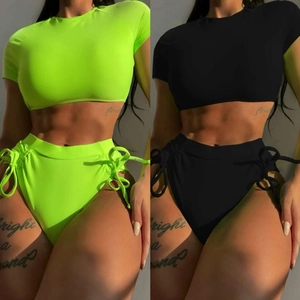 Women Short Sleeve Crop Top And High Waist Bikini Bottom Swimsuit With Drawstring Side And Cross Back Tie Beachwear