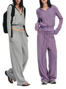 Zip Up Hoodie And Wide Leg Pants Viscose Cotton Acrylic Blend Long Sleeve Thumbhole Casual Lazy Sporty Outfit Women