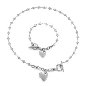 Stainless steel heart chain necklace and bracelet set with T-bar toggle closures
