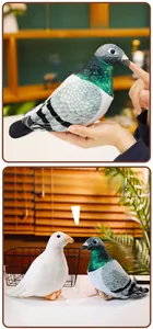 Close-up of realistic plush pigeon toys in white and grey colors on a wooden stand