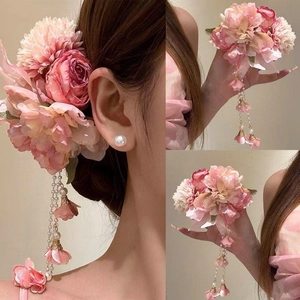 Süße Rosa Stoffblume Haarspange mit Künstlicher Perle Lange Quaste Handgefertigt Blumen Entenschnabel-Clip Haarschmuck