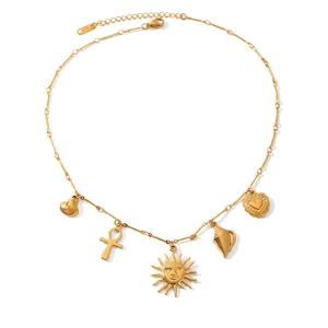 Gold stainless steel necklace with sun, Ankh, shell and heart pendants on white background