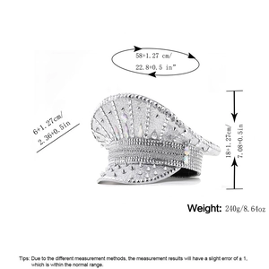 Detailed view of silver sequin military hat with metal studs and weight parameters