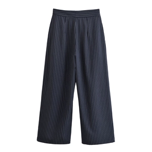 Pantalon large à rayures verticales bleu marine à taille haute au drapé fluide