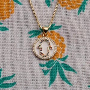 Gold Hamsa Hand necklace with colorful zircons and white enamel pendant on box chain