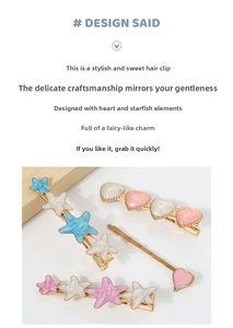 Detailed view of macaron colored starfish and heart hair clips with golden alloy base