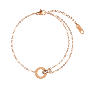 Rose gold stainless steel double ring bracelet with roman numerals and crystals
