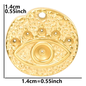 Detailed view of a 1.4cm 18k gold plated evil eye pendant charm with measurements