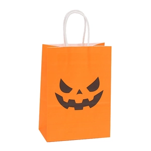 Orange Halloween kraft paper gift bag with black pumpkin face and white handles