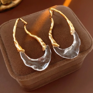 18k gold plated irregular teardrop earrings with lava texture metal and clear resin