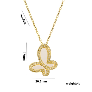Golden titanium steel necklace with white shell butterfly pendant and sparkling crystals
