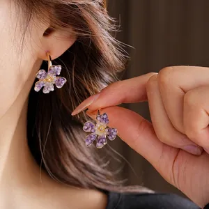 Vintage Flower Stud Earrings Alloy Crystal Beaded With 925 Sterling Silver Earring Post Purple Retro Style For Women