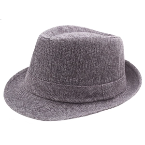 Close-up of textured grey linen weave fabric on a retro British style fedora hat