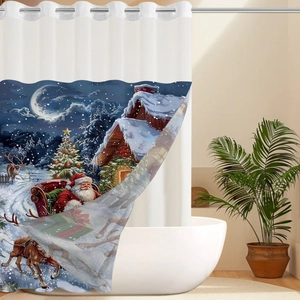 Detail of Christmas shower curtain with silver metal grommets and festive reindeer print