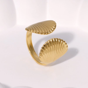 Minimalist 18K gold plated shell open ring with vertical texture for women
