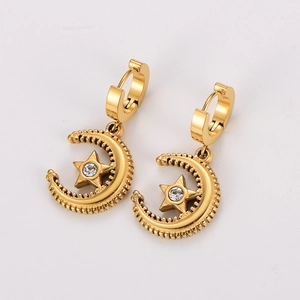 Elegant gold stainless steel crescent moon and star earrings with sparkling zircon crystals