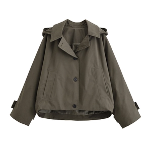 Women casual short hooded poncho jacket with large pockets and buttons in olive green