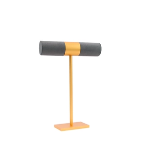 Golden metal T-bar jewelry stand with grey microfiber velvet for bracelets and watches