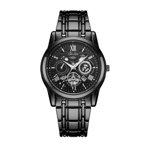 Waterproof black stainless steel men's watch with luminous roman numerals and date display