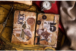 Close-up of vintage aesthetic stickers with beige tones and retro map background elements
