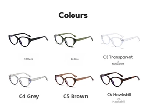 Matrix display of vintage cat eye glasses frames in six assorted colors on white background