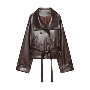 Faux Leather Jacket Double Breasted Belted Short Trench Coat Lapel Collar Long Sleeve Fashion Women Outerwear