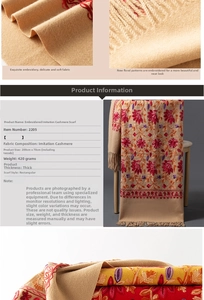 Détail de broderie florale sur écharpe épaisse imitation cachemire, 200x70cm avec franges