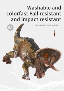 Detail of realistic Triceratops dinosaur toy showing washable and fall-resistant features