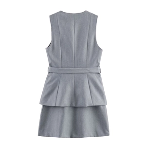 Dark grey sleeveless dress with belt and tiered ruffle hem shown from the back view