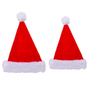 Plush red and white Christmas hats for adults and kids shown on a plain background