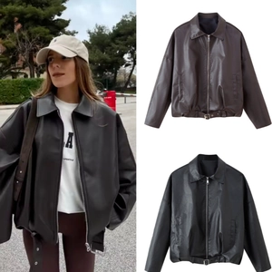 Women Faux Leather Jacket PU Oversized Retro Streetwear Lapel Zipper Belted Outerwear