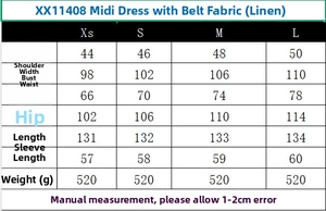 Size chart table for linen shirt midi dress with belt showing XS to L dimensions