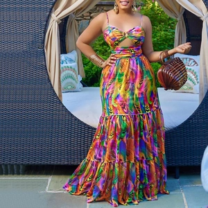 Summer halter floral maxi dress with vibrant feather print and hollow-out chest design