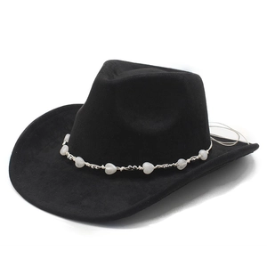 Detail of black faux suede cowboy hat featuring white heart beads on a decorative string