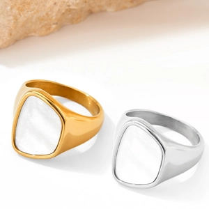 Minimalist gold and silver geometric stainless steel rings with white shell inlay on stone