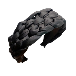 Minimalist black braided satin headband with textured twist design for women