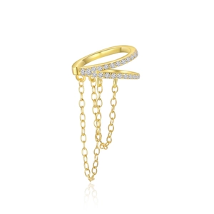 Macro detail of S925 silver double layer ear cuff with zircons and hanging chains
