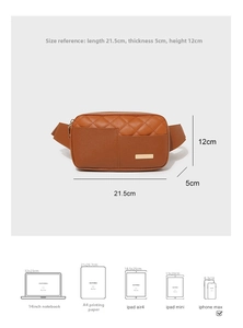 Detailed size chart showing bag dimensions 21.5x5x12cm compared to phone and tablet