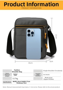 Detailed Oxford cloth crossbody bag dimensions 16x21x5cm with size reference to smartphone