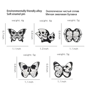Size guide for Gothic moth skull pins featuring detailed dimensions and weights
