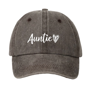 Washed black cotton baseball cap with white Auntie script and heart graphic embroidery