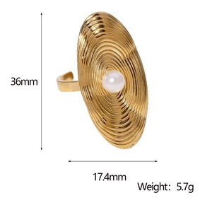Detail showing dimensions of the oval stainless steel ring with a white pearl inlay