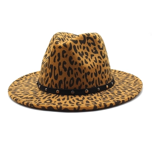 Leopard Print Fedora Hat Woolen Felt Wide Brim Rivet Belt Jazz Cap Retro Style For Men Women Autumn Winter