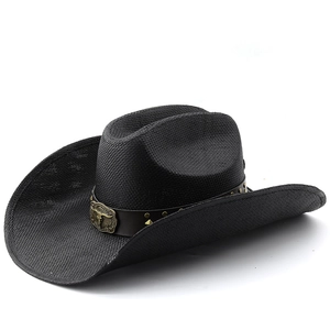 Black western cowboy straw hat with vintage bull head leather band and metal studs