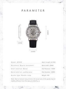 Comprehensive technical specification chart for men's skeleton dial quartz watch